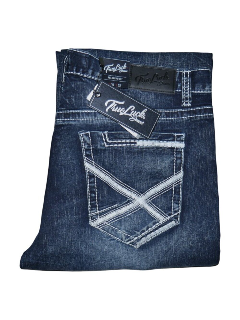 NEW True Luck Men's Relaxed Bootcut Jeans Size 36x32 Dark Wash Thick Stitch BKE